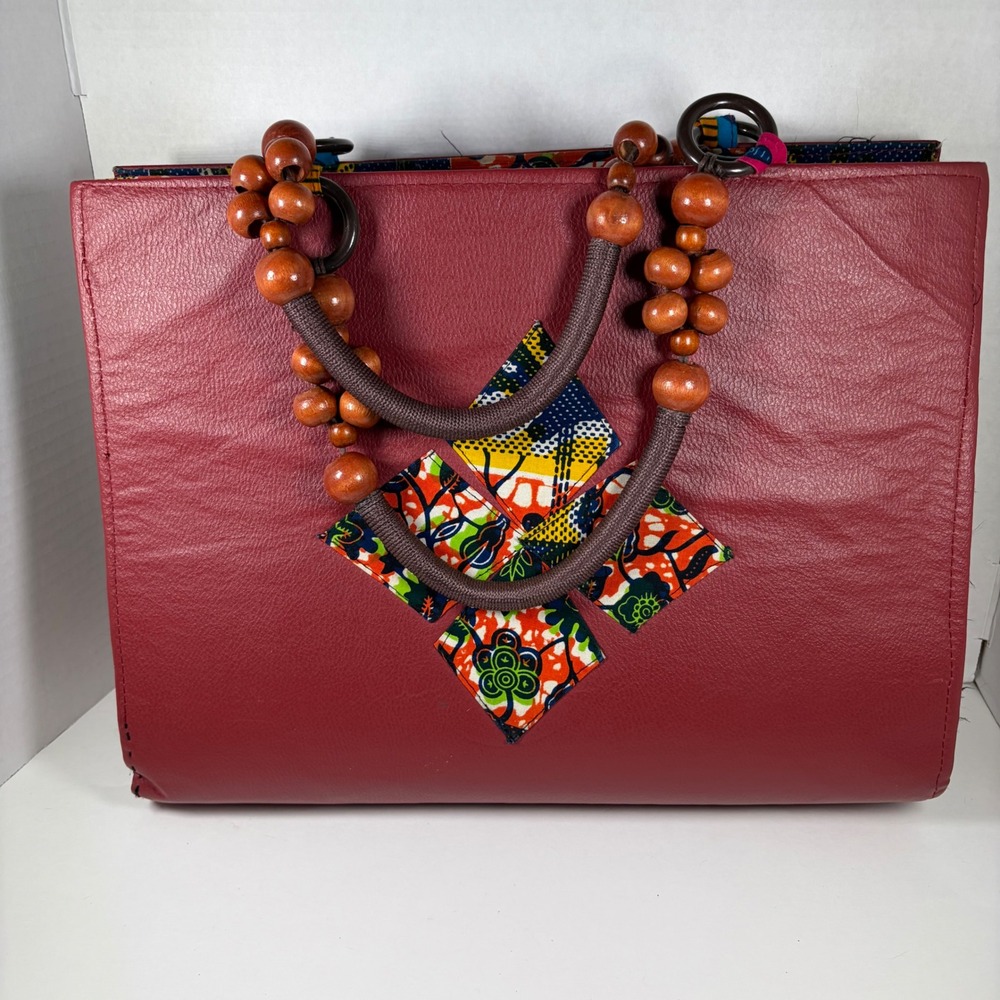 Unbranded Womens Tote Bag Large Red Ankara Wood Bead Handle Boho Ethno